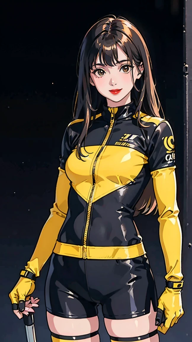 (((Yellow Jacket))), (((cinta-liga com meias 3/4))), 1 garota, Yellow is the predominant color, (((Sozinho))), pirralha violento, (((hayabuza))), (((hornet colors))), 14 anos, sexy, pose de atitude, obra de arte, post-apocalypse, (((manga style))), Bounty Hunter, violento, Manic, cara de mau, corpo esguio, magra mas forte, corpo perfeito, roupa moderna, segurando uma espada samurai, cabelo bob desarrumado, cabelo colorido, (((melhor qualidade))), Minissaia com pregas ou shorts curtos com estampa xadrez em vermelho e preto, jaqueta tipo gola de pele, sleeves with vertical striped pattern, fundo neutro, (( tiro de vaqueiro )). Visual intrincado, Base Shiori, cabelo com cores divididas, enfeite de cabelo, gargantilha, vestido preto com fita branca, jaqueta preta, cinto, asymmetrical pants, estilo de arte shinkiro, Estilo Masamune Shirow