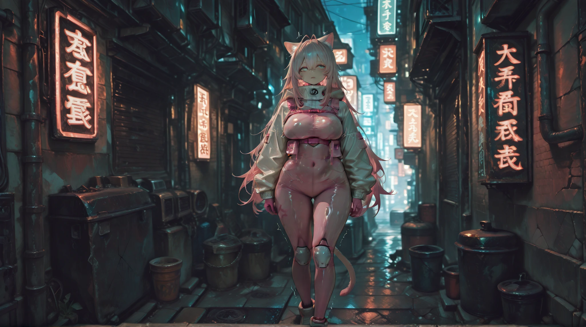 alluring beautiful cyborg cat android, exposed mechanical skeletal bone ribs, exposed mechanical limbs, exposed mechanical skeletal bone spine, mechanical cat tail and ears, glowing parts, prawling a neon lit street alley at a cyberpunk city at night, futuristic theme, cyberpunk theme, Beautiful D&D Character Portrait, Ominous, Dark Fantasy, Detailed, Digital Art, Extreme Detail, Polished, Beautiful, Hyperdetailed, Intricate, Elaborate, Meticulous, Anime Character, Detailed, Anime Face, Sharp Focus, Unreal Engine, 3d Rendered, Volumetric Lighting, Reflections, Glossy, Digital Illustration, Sensual Pose, Suggestive Pose, Lewd, Full Body Shot, anatomically correct , naked, visible nipples, puffy vagina, 💖❤💕💋❣
