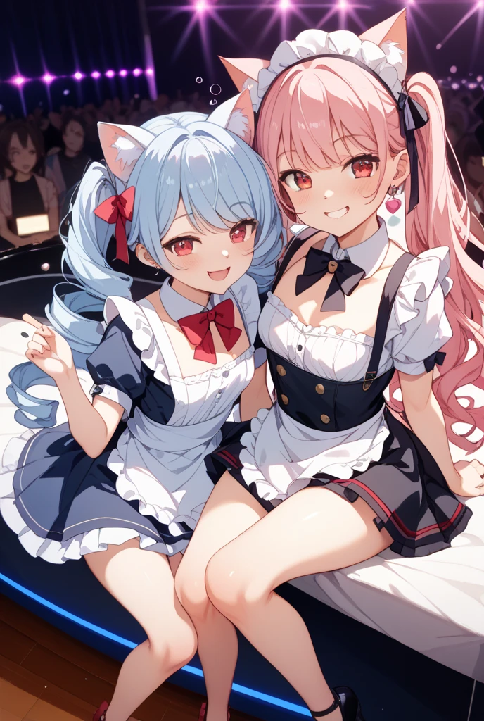 Cat ear girl,Cat's Tail,Blonde,,Red Dress,Long skirt,An attractive dress with a wide open back,Red elbow-length gloves,Illuminated by the moonlight,Shy smile,Castle rooftop,A fantastic atmosphere, Fireworks in the night sky, Face illuminated by light, Characters stand out, The background is blurred, The focus is on the characters, Sharp details, Dim light at night