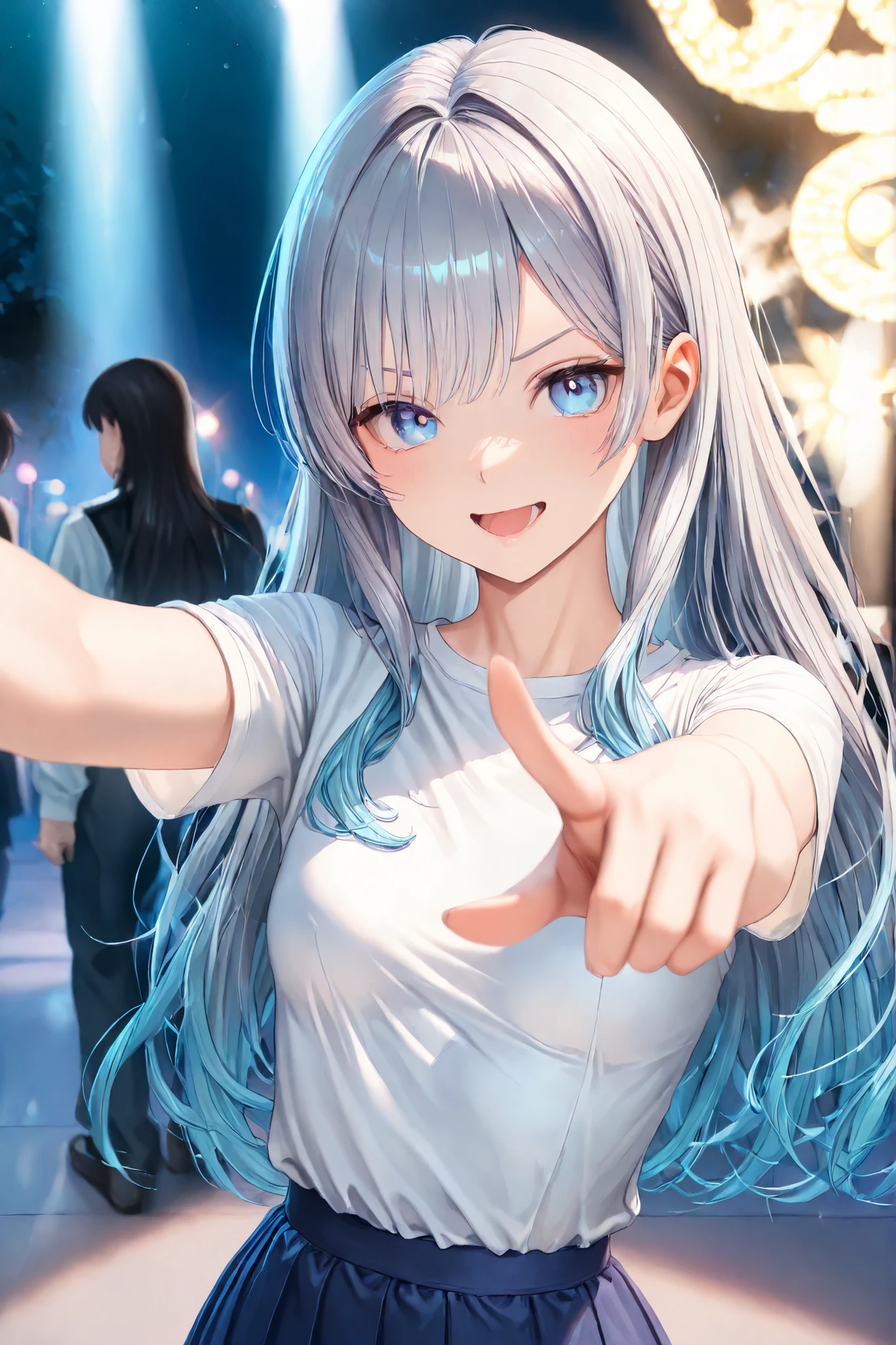 ((Masterpiece)), (higres), 4k, ultra detail, 1 girl, 20 yo, pointing to viewers, from front, half body shoot, silver wave hair, long hair, blue eyes, small breast, detail lights and shadow, night park background, mocking face, wearing white t-shirt, blue skirt, look at viewers, depth of field