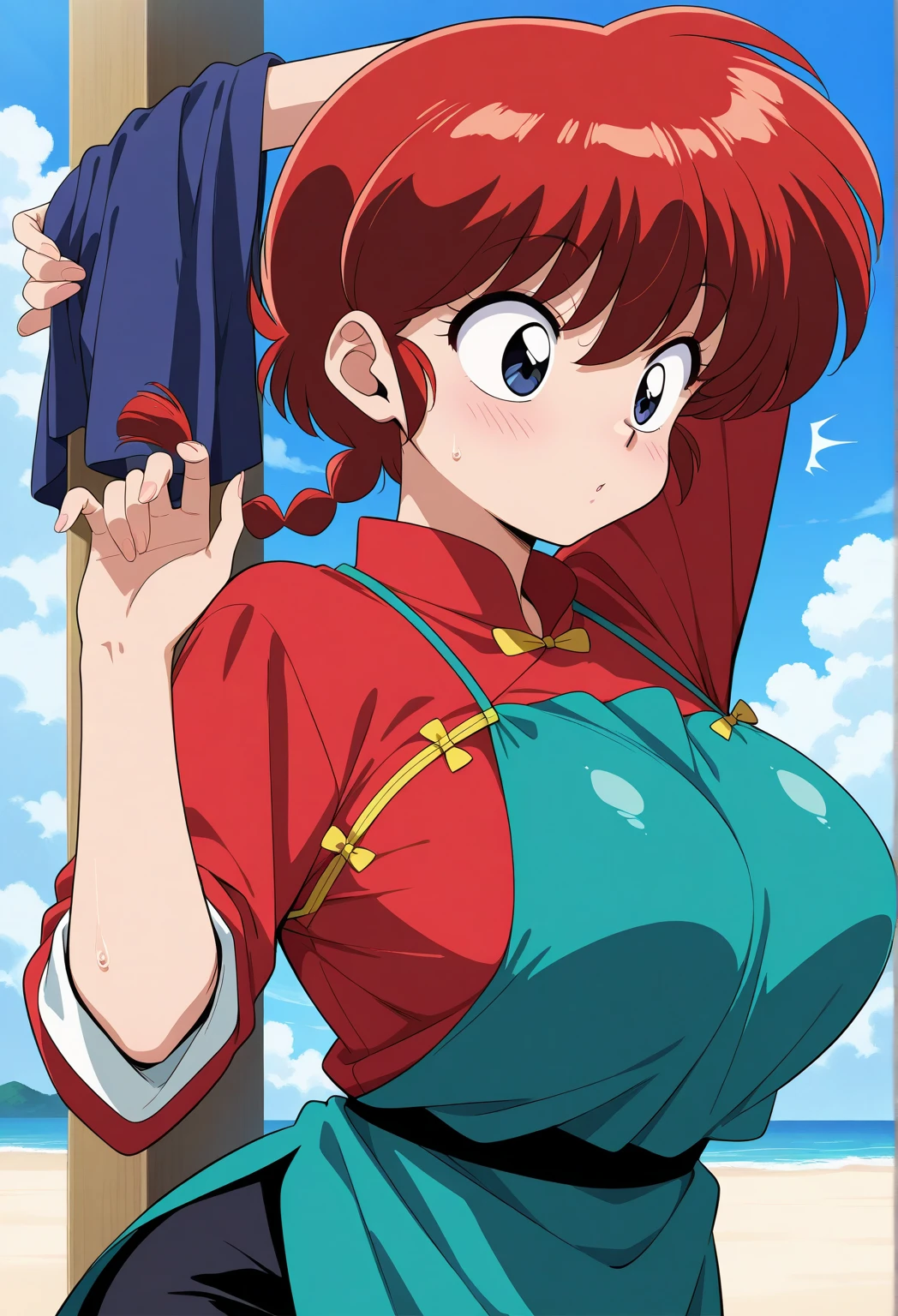 Ranmachan, Red hair, Braided hair, very big breasts, bouncing breasts, fighting, pose vulgar, big breasts, low cut bra, cleavage bulge, low-cut dress, sexy dress, burst breasts,