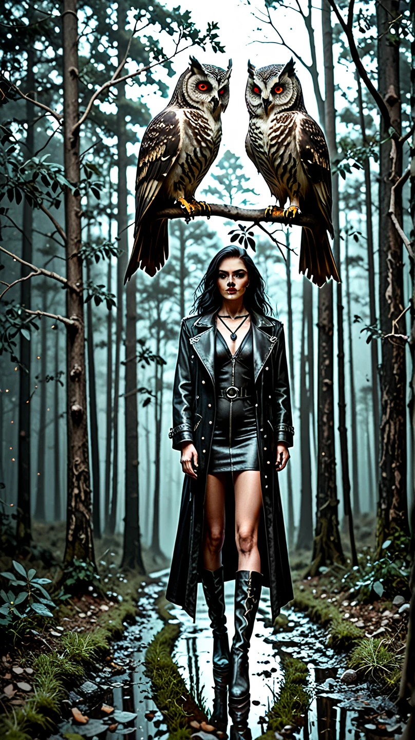 masterpiece, better quality, Tarot, 19th century aesthetics  , Tarot card wording "drowning", Symbolism,  ikonografiya , Numerology,  Art ,  Short black satin dress , biker jacket,  High-heeled shoes ,  passionate vulnerable 50-year-old woman, stuck in a swamp, wrinkles,sexual tension, posing,  line graphics aesthetics , elegant poster pose,  bob-caré blonde hair , Close-up