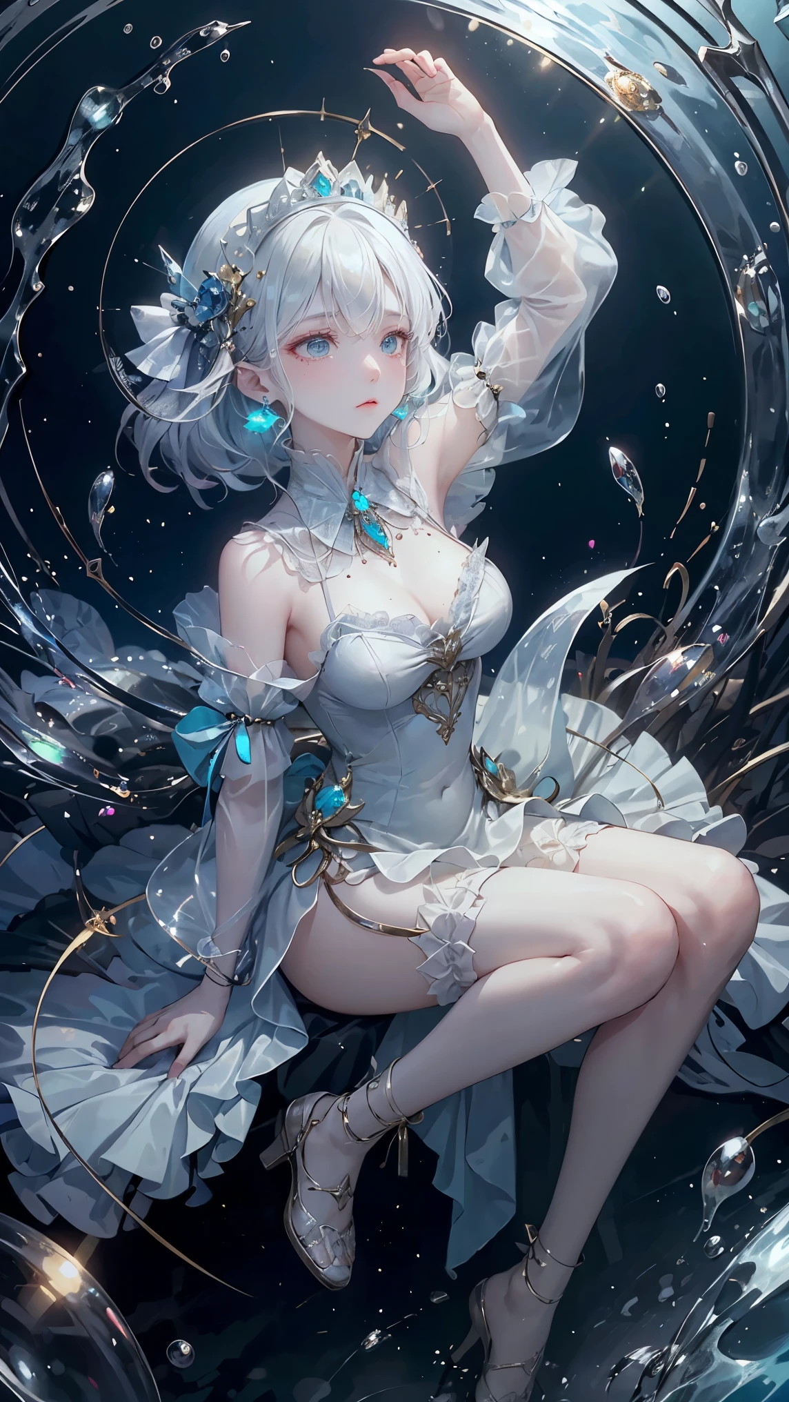 masutepiece、hight resolution、Gothic ta costumes、1girl with、9th class、Look at the viewer、smil、Okappa、(maximalism:1.5)、diffuse lighting、(depth of fields:1.8)、gothic lorita、Diffuse reflection of light、((Background ratio:65%)、high-heels、The background is a beautiful chandelier inside the castle、Glitter background、Beautiful stained glass museum、Angle from above the knee、Breasts are small and B size、A slender、Cleavage is visible。legs are thin and beautiful,the skin is white and transparent,high-heels、Gold Anklet、
