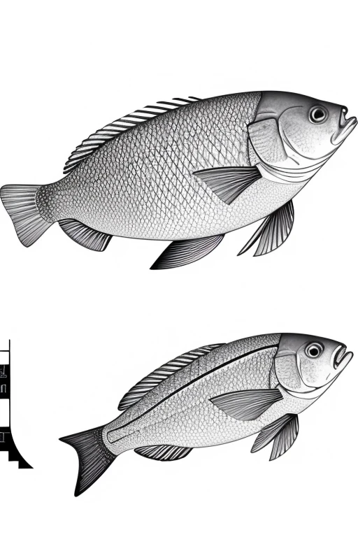 Create an illustration in exploded view (exploded view) Of a tilapia, highlighting the processing steps on separate layers as follows, from base to top: Whole tilapia (com escamas, flippers and head); housing (after removing the fillets, with bones and head); Fillets still on the carcass (in the process of cutting); Whole fillets separated from the carcass; Clean fillets (without skin and bones). The illustration style must be technical and didactic, with well-defined contour lines, clean organization, realistic perspective and clear separation between components, similar to technical assembly manuals. Use neutral bottom ( white or light gray ) and maintain proportions realistic anatomical.
