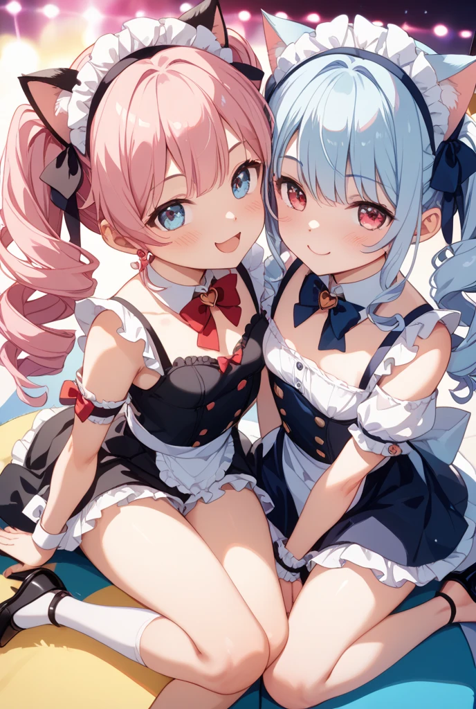 nsfw,ffm,Two Girls,On all fours,panties,penis,Blowjob,Long Tongue,Light blue hair,Light pink hairstyles,Cat ear,Pink Eyes,light blue ta,White socks,,Pink ribbon,Laughing with your mouth open,Best image quality,Highest quality