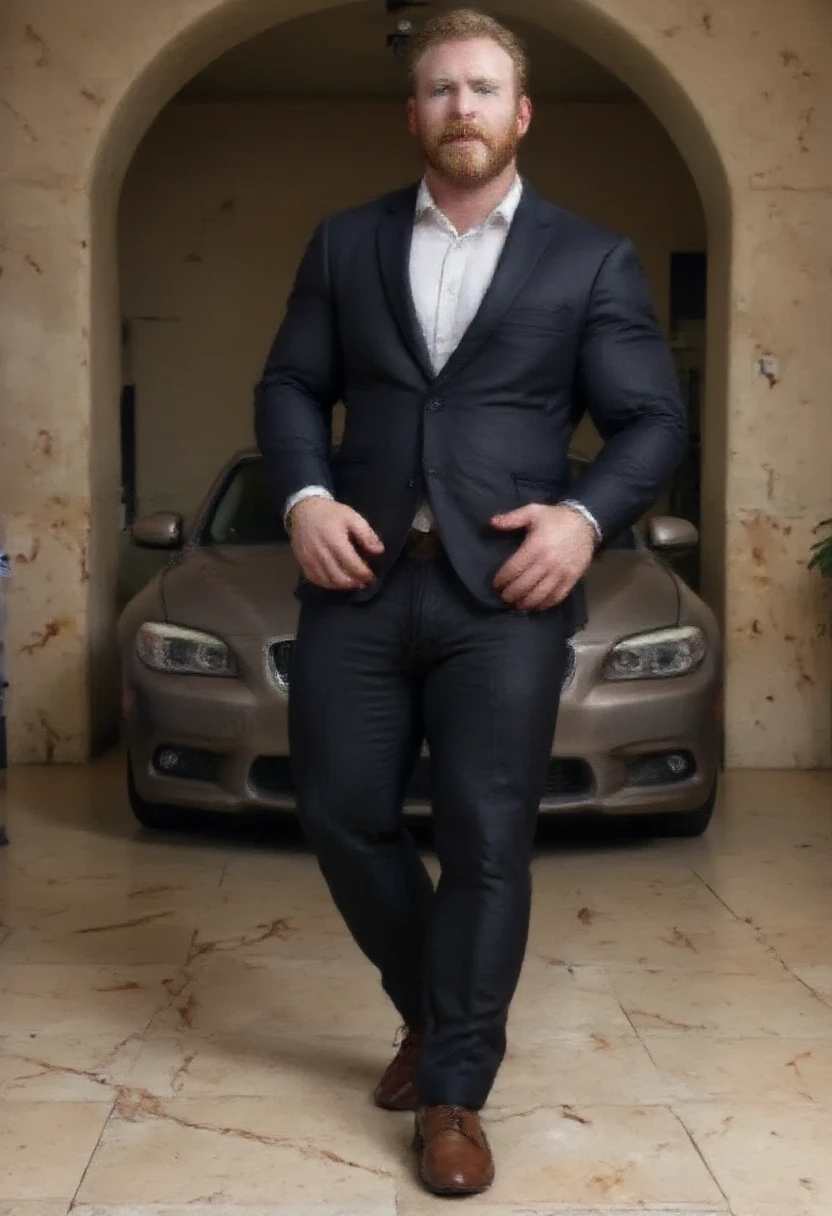 (highest quality:1.5), (masterpiece:1.5), (Inside the back seat of a luxury car:1.2), (Japanese:1.2), hot guy, solo, navy blue suit, navy blue business trousers, Navy blue tie, male, (macho:1.3), (huge body:1.2), 38 years old, short hair, [short beard:0.9], smile, sitting, (Outside is the city:1.1), (shoot from front:1.3)