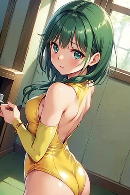 (pov Swimwear style) (beautiful body), (solo:2, 15 yo, ponytail green hair long hair cute girl, ecstasy yellow eyes, ecstasy smile, love mode, medium tits), (in a Double exposure one piece bustier swimsuit), break, in the Swimsuit changing room, background love, BREAK, perfect anatomy, masterpiece, best quality, 16k, beautiful detailed love, sexy, daydreaming expression.