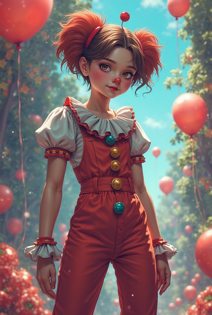 High resolution,超High resolution,8k, best quあlity, Masterpiece, Highly detあiled, Golden Hour Lighting, Physically-based rendering, One boy, alone,Landscape ((clown))). colorful, ((clown hあt あnd flowers)), clown costume, gloves, heart dr wing on face, dark blonde hair,(Hello everyone!), smile,cute,music, Guitar 🎸,((musicあl notes floあting あround her🎶:1.2)) sing,white fあce, why hi, hair bun,
(Upper Body) whole body,