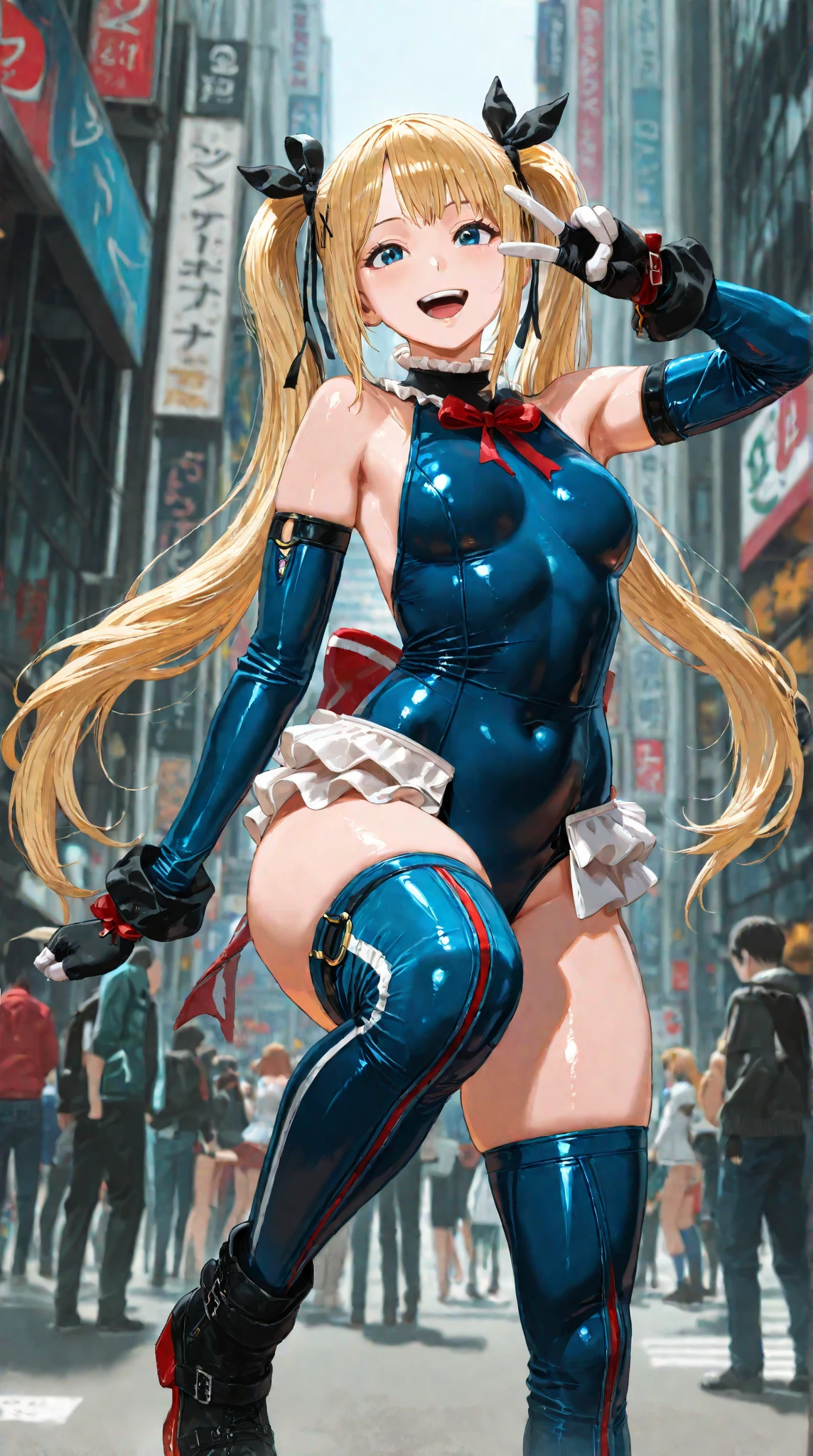 ultra-detailed, Explicit, Beautiful body, Beautiful Nose, Beautiful character design, perfect eyes, perfect face, ultra highres, 4K, beautiful legs, perfect legs, Nice hands, Perfect hand, Masterpiece, Best Quality, Highly detailed, illustration, absurdres, street fighter, doll suit, shadaloo doll, dollsuit, 1girl, solo, expressionless, blank eyes, looking at viewer, red gloves, emotionless, black latex, corrution, mind control, female combatant, full body, hypnotized, unhappy trance, full body suit, ribbed bodysuit, both arms at side, obey, perfect female body, extremely glossy latex, hypnosis, hypnoLora, empty eyes, Mind control device, poses, submissive_pose, Slave, hat, necktie, sitting up straight, sitting, sitting at attention, hat, necktie, belt, latex, ribbed bodysuit, thighhighs, garter belt, Fighting Stance, extending the right arm from the shoulder into the air with a straightened hand, nazi saluting, military, military saluting, salute, thigh boots, Perfect anatomy, perfect hand, perfect finger, Yu-Gi-Oh!, Ghostrick Doll, pink hair, very long hair, flower, flower crown, blue eyes, hair ornaments