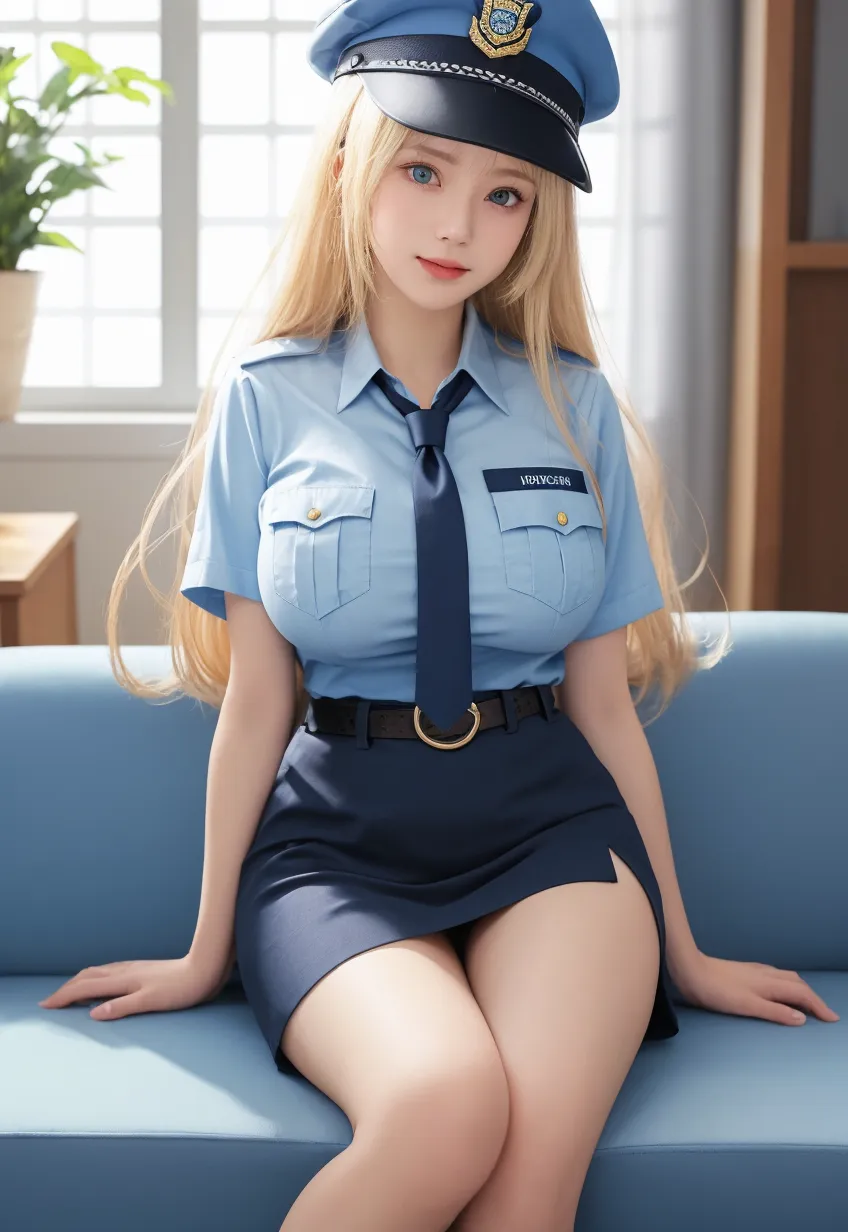 (masterpiece, best quality, from above, straddling:1.2), 8k, 85mm, official art, raw photo, absurdres, looking at viewer, blonde hair, police, police uniform, large peaked cap, thick thighs, violaceaess, gardeniass, large breasts, beautiful girl, pretty face, upper body, arms behind back, arch back, skirt, face close up, side shot, cinch waist, short sleeve, film grain, chromatic aberration, sharp focus, facelight, professional lighting, detailed face, (dark blue eyes:0.6), street, (bokeh background:1.2), necktie