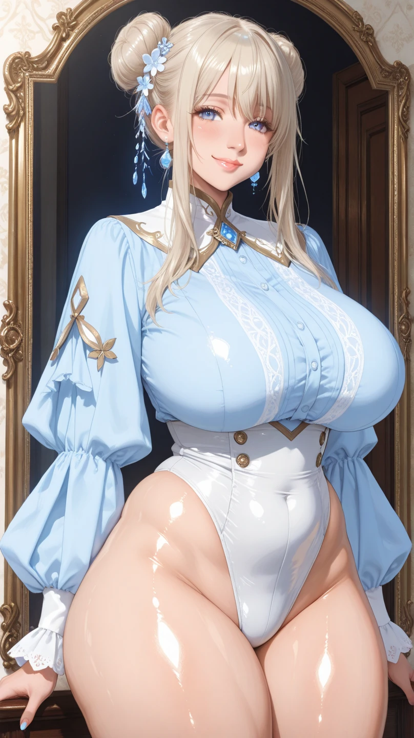 Jeanrnd, masterpiece, narrow waist, huge breast, blush, official art, indoor, detail eyes, cg, smile, (((she wears very tight body suit, gloves))), standing, (((show cameltoe and armpit)))