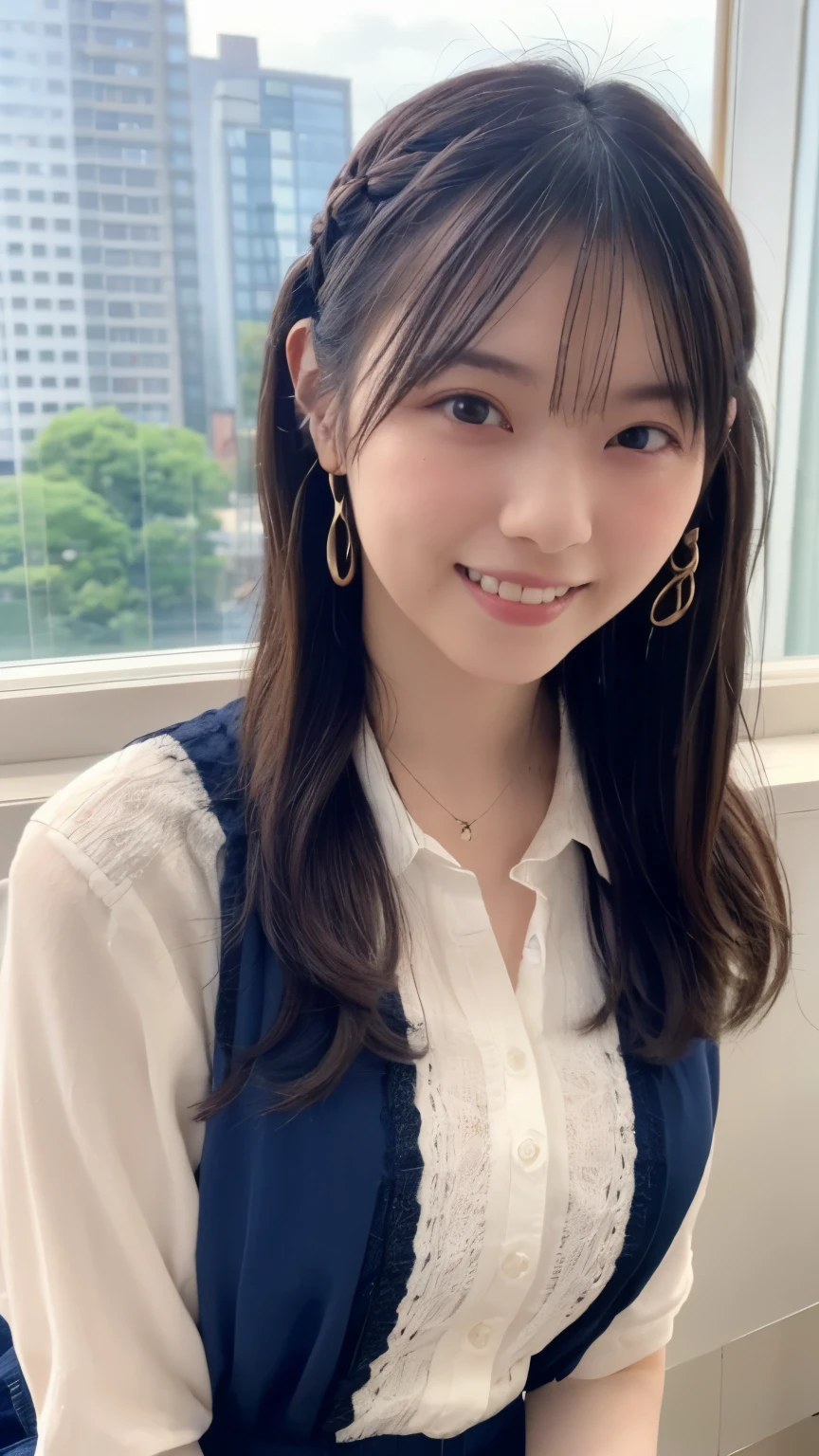 1 Japanese beauty , depth off field, first-person view, f/1.8, 135mm, Nikon, 超high definition, retina, masterpiece, accurate, anatomically correct, textured skin,Very white skin、 clear skin 、 Super Detail, high detail, high quality, Best Quality, high definition, 1080P, high definition, 8k, (big boob:1.4), Japanese beauty 1 person, (Big round eyes:1.4).(she has heterochromia, and her eyes are different colors, which makes her incredibly captivating)、(Drunken Blush Makeup)、round face、She is smiling very happily、INSANELY BEST SMILE、is smiling with her mouth open、Her front teeth are neatly arranged、cute little vampire fangs、(Braided Top Knot,twisted side part ponytail、Braided Headband,half up、Braided Space Bang,voluminous fishtail braid,Twisty Bang)、(She is wearing a cotton collared blouse(royal blue))、break、(She's wearing a see-through lace panties)、She is in an IT firm's office at sunset、break,She is sitting in a window seat、I can see a skyscraper city out the window