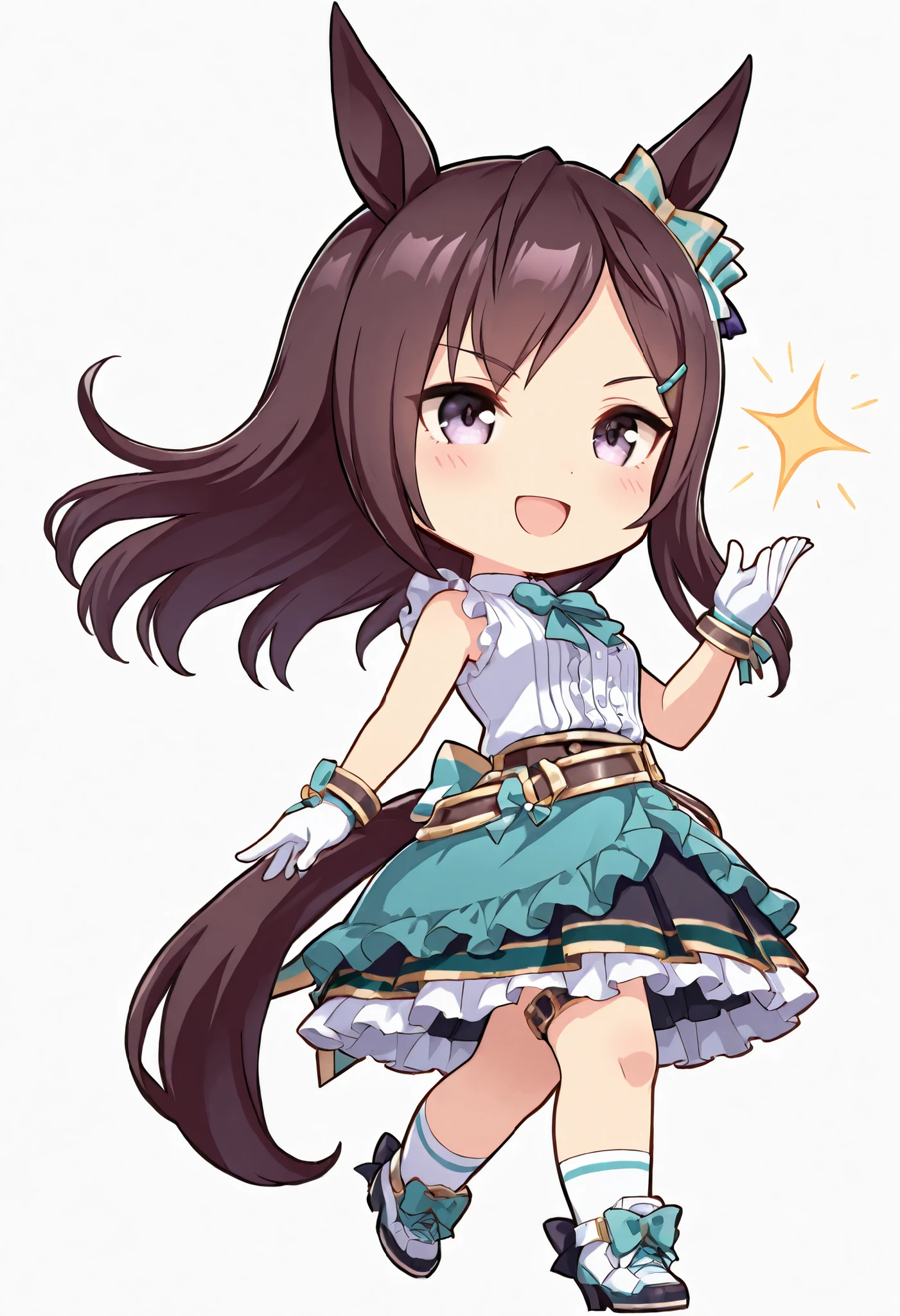 (((chibi))), (masterpiece, best quality, perfect face:1.4), wide angle, mejiro dober \(umamusume\), running figure, 1girl, floating hair, horse ears, horse tail, tail on the lower back, proportional body, proportional, beautiful hair, beautiful face, beautiful detailed eyes, beautiful clavicle, beautiful body, beautiful chest, beautiful thigh, beautiful legs, beautiful fingers, BREAK, blush happy smile (open mouth), textured skin, HDR, BREAK, white background,