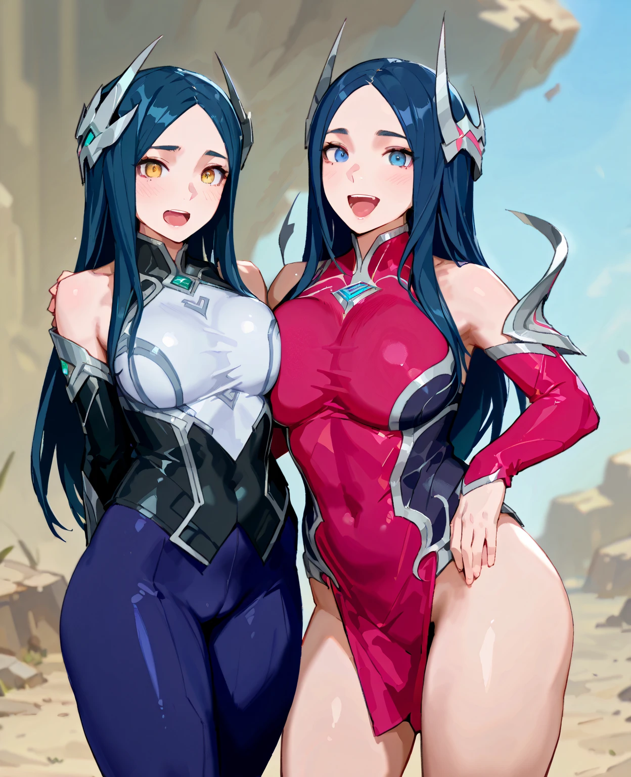 A female robot modeled after an evil demon. Body with exposed machine The head has horns extending on both sides. The skin is blue Tem asas de morcego nas costas. Leaves'do diabo'o rabo crescendo na minha bunda