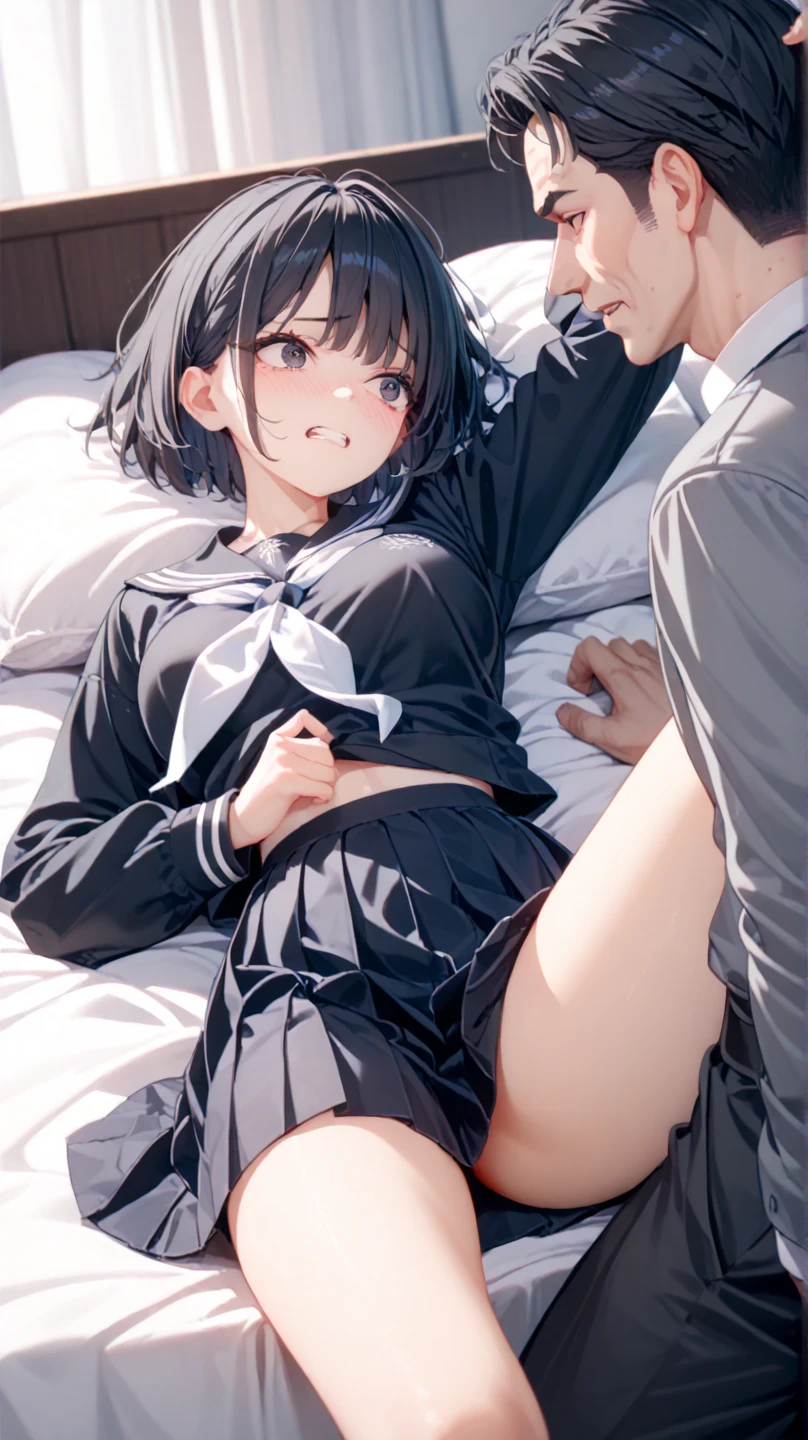 best quality,ultra-detailed,high resolution,newest,uncensored,nsfw,1girl,thighhighs,large breasts,sweat,steam,school_uniform,white_shirt,rikka takarada,black hair,blue eyes,long hair,lips,,white cardigan,mini_skirt,pleated skirt,private room,on the bed,bed,embarrassed,orgasm,,aroused,,,seductive smile,covering own eyes,covering face,lifted by self,lace bra,clothes lift,spread legs,big black penis,straddling,sex,excessive cum,1man,
