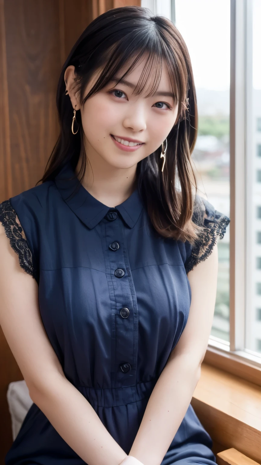 1 Japanese beauty , depth off field, first-person view, f/1.8, 135mm, Nikon, 超high definition, retina, masterpiece, accurate, anatomically correct, textured skin,Very white skin、 clear skin 、 Super Detail, high detail, high quality, Best Quality, high definition, 1080P, high definition, 8k, (big boob:1.4), Japanese beauty 1 person, (Big round eyes:1.4).(she has heterochromia, and her eyes are different colors, which makes her incredibly captivating)、(Drunken Blush Makeup)、round face、She is smiling very happily、INSANELY BEST SMILE、is smiling with her mouth open、Her front teeth are neatly arranged、cute little vampire fangs、(Braided Top Knot,twisted side part ponytail、Braided Headband,half up、Braided Space Bang,voluminous fishtail braid,Twisty Bang)、(She is wearing a cotton collared blouse(royal blue))、break、(She's wearing a see-through lace panties)、She is in an IT firm's office at sunset、break,She is sitting in a window seat、I can see a skyscraper city out the window