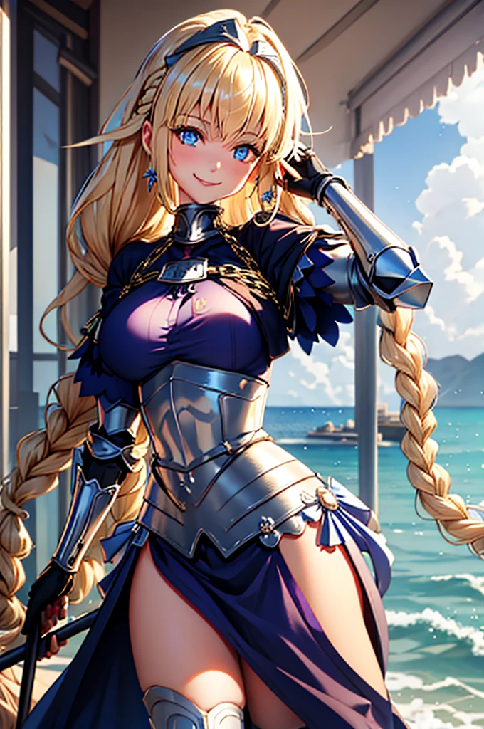(Adult women:1.5)、Very detailed、highest quality、Best image quality、masterpiece、8k、Anime Face、A kind smile、(Open your mouth:1.5)、Sparkling blue eyes、(Blonde Wavy Hair:1.5)、、Muscles of the whole body、(High leg:1.5)、(Thigh belt:1.5)、(Wearing platinum bikini armor:1.5)、(Cowboy Shot:1.5)、(Leg armor:1.5)、(Wearing a helmet:1.5)、(Hands on hips:1.5)