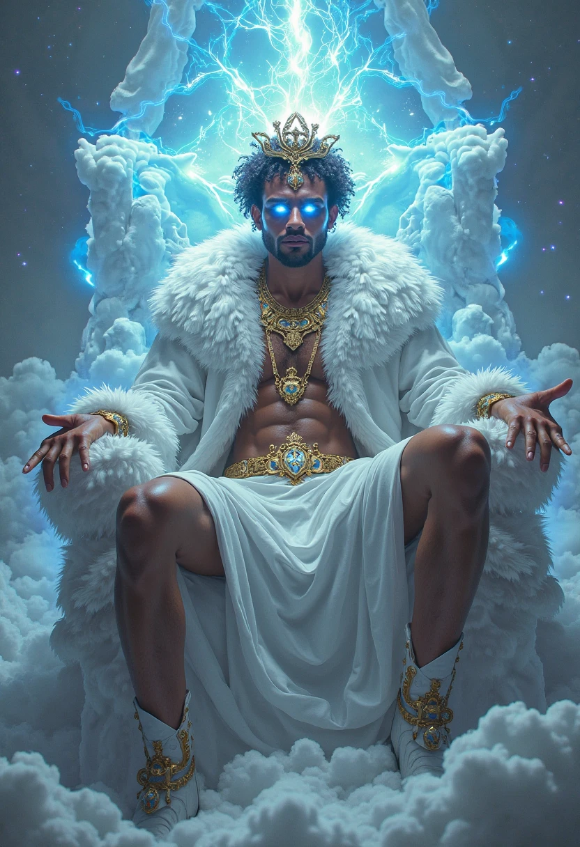 muscular African-American god mature man, long white afro Hair, diamond embroidered exquisite looking crown, diamond accessories, Transparent diamond embroidered exquisite crystal transparent drape majestic skimpy outfit, surrounded by crystal clouds and sky, crystal smoke magical powers emanating from his hands. look at the camera, face focus. down perspective, portrait mode, look at camera.