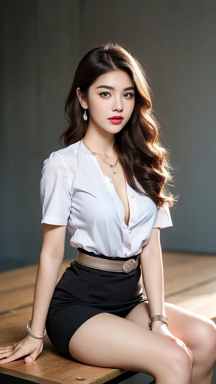 Large buttoned shirt,Tight shirt,Clear shirt,chest,Hands raised up,side,Tight Skirt,office,company,shirt,Alluring face,chest元,Hands raised