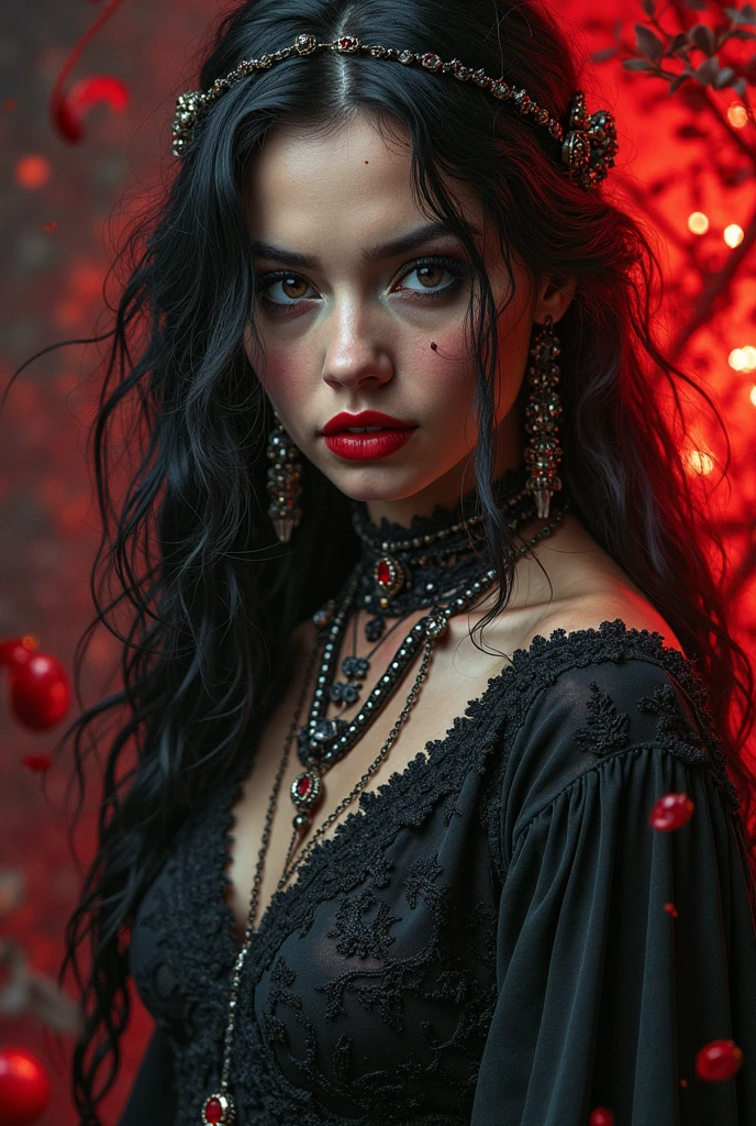 A realistic and detailed photograph of a vampire woman of elegant appearance and superhuman beauty. The vampire is posing in a dark and sophisticated environment, with stone walls and lit candles in the back. The young woman wears a black dress with silver decorations, plus a crosifix on his neck. His skin is very light and reflects a metallic texture.. Her hair falls in dark, straight waves to her knees.. Her eyes are of an intense red, with bright irises, and a black spot in his pupil. She is beautifully made up, with highlights in her eyebrows and bright red lips.

