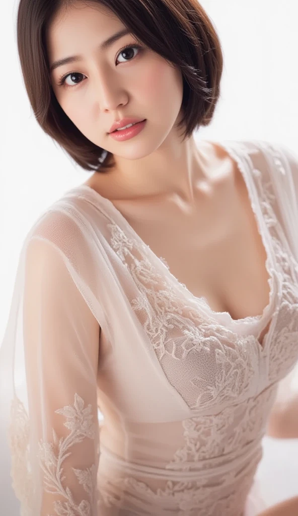 ((Highest quality, 8k, realistic photographic expression、masterpiece: 1.3))、((Slender body:1.4 ))、(((Beautiful middle-aged woman、55 year old Japanese matomically correct face、charisma)))、(Slim and toned waist:1.3),(((Small sagging breasts)))、((A lot of brown hair、Messy short hair))、(())、((Pure white satin negligee with lace))、Perfect Makeup、((A refreshing smile:1.2))、Thin legs, Small face with pointed chin、Rough skin、Long droopy eyes、(Wrinkles around the eyes:1.2)、necklace, (Professional cool lighting:1.3)、(Waist to head:1.2)、cool and simple dark wall background、