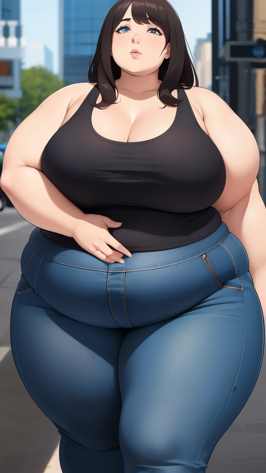 ((highres)), Masterpiece, high quality, best quality, beautiful, perfect lighting, detailed face, ultra cute face, looking at viewer, on a date, ((blush)), affectionate smile, ((1girl)), ((solo)), brown hair, fluffy hair, green eyes, jeans, crop top, tight clothes, fast food restaurant, medium breasts, cleavage, wide hips, ((thick thighs)), ((chubby)), chubby belly, standing, arms behind back, leaned over, cute pose,