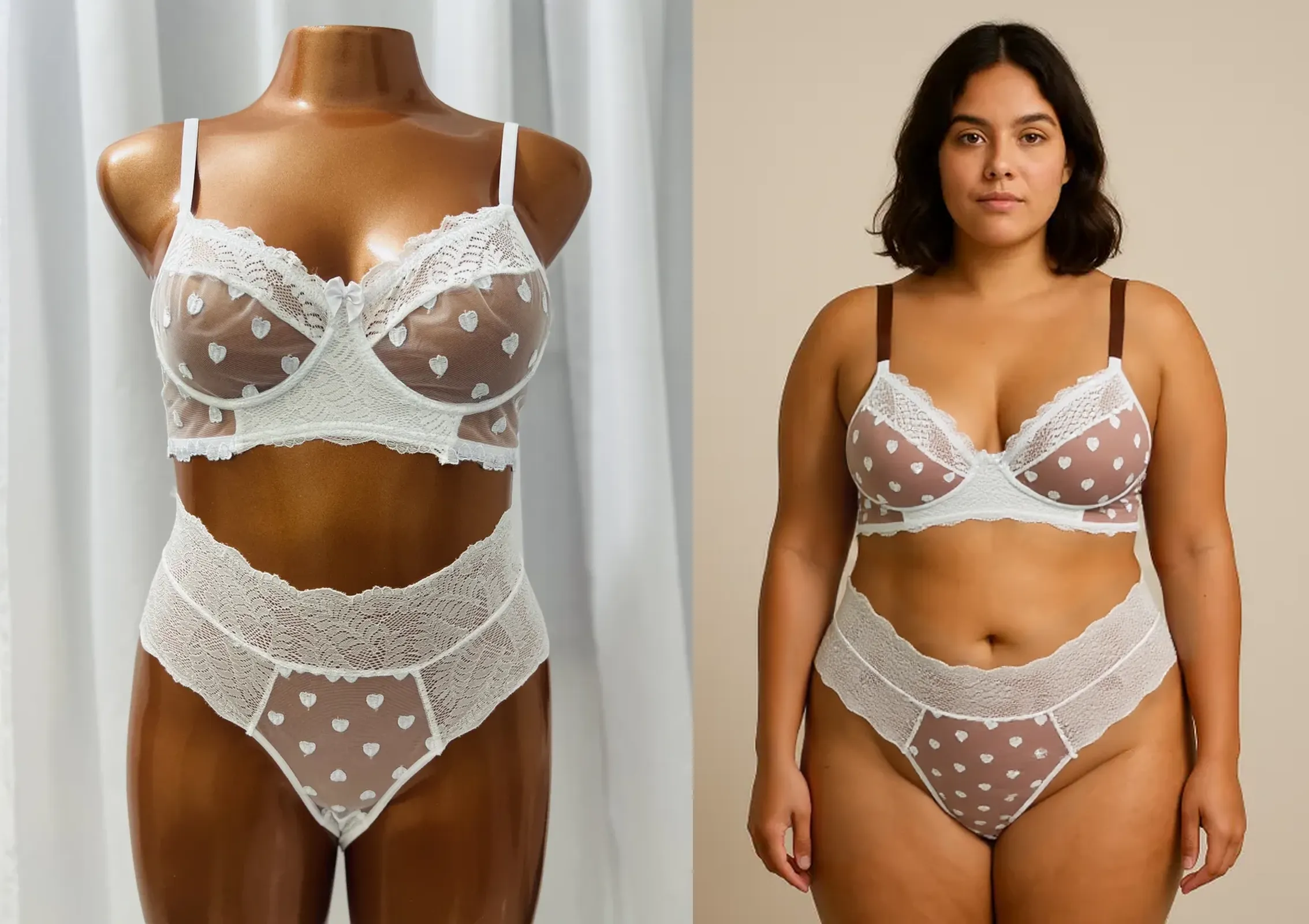 ((masterpiece, best quality)), ((((perfect anatomy)))), (33 year old)), (((Curvy))), (((Dark Skinned indian woman with curled black hair)), in ((White bra)), ((white high cut panties with a red bow tie)), Dark makeup, ((magenta lipstick)), smirking, Standing in front of a grey screen, ((((photo realistic))))
