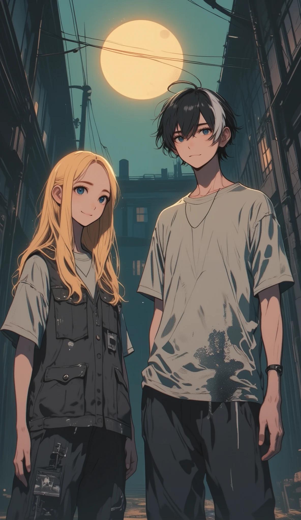 (Medium-Shot, vertical pastel-style illustration featuring lala, a beautiful young woman with a smile Face. have a petite body, Her Tomboy-style blonde girl long Hair , soft shadows across her pale face, subtly distorted by the dim, eerie moonlight. She wears a slightly oversized vest, medium pants, the fabric appearing oddly aged or frayed, paired with shadowy that seem to fade into the darkness below.)....... (Medium-Shot, vertical pastel-style illustration featuring kiki, a handsome young boy with Split hair color Black and white Taper Cut hair boy, is wearing a silver oversized T-shirt. has a handsome face, also a fighter's face, cool and quiet, not smile, the fabric appearing oddly aged or frayed, paired that seem to fade into the darkness below. location in front of school, pastel anime Style.)