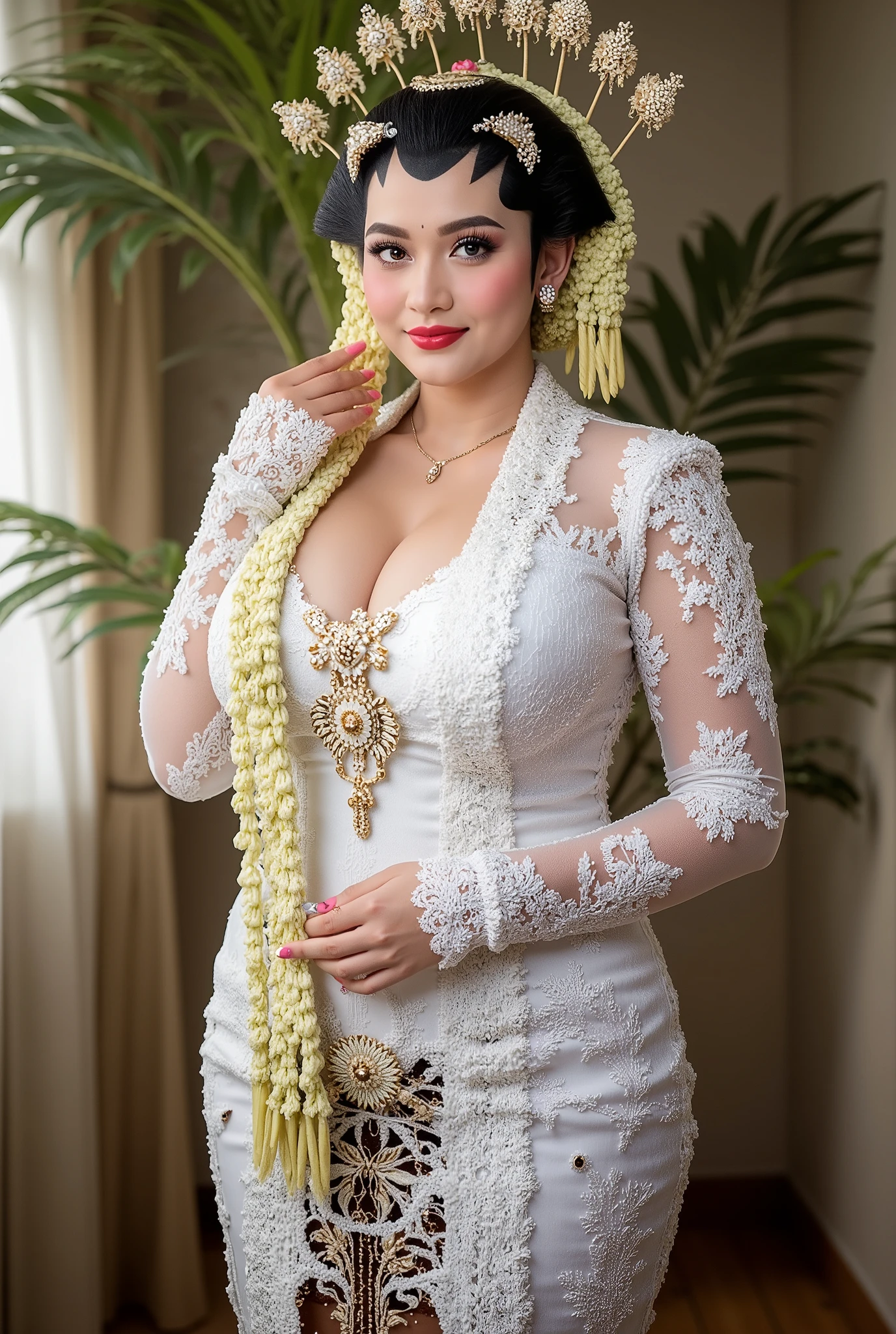 Bbw women chubby in kebaya dress, open big breast, show sexy full body and naked