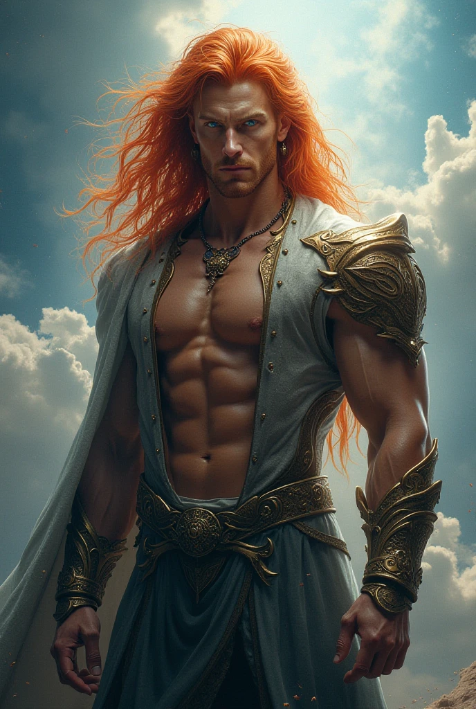 (hyper-realistic digital illustration), (perfect face:1.1), (high detail:1.1) like renaissance art, one extremely handsome male elf (naked torso) wearing micro orange g-string, mage long red robes, clean shaved, front view, lying on his back, holding legs raised, athletic body, (white skin), bare chest, flat chest,(long orange hair scruffy ), serene expression, small waist, muscular. best quality, high-resolution