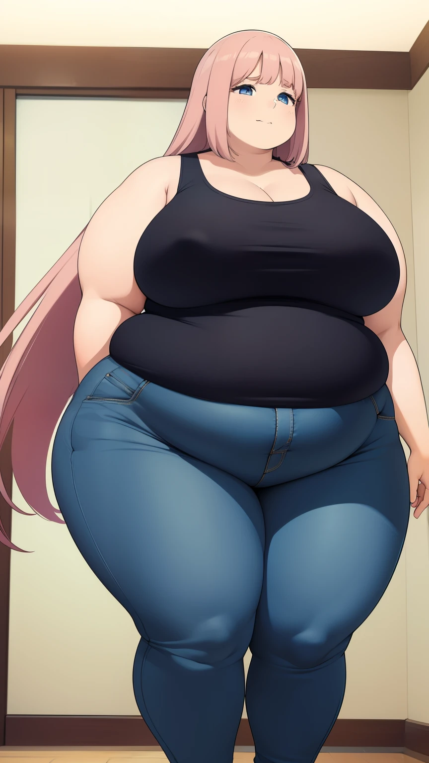 (Morbidly obese:1.2), Ssbbw young woman, pink hair, long hair, thicc thighs, choker necklace, city, fat