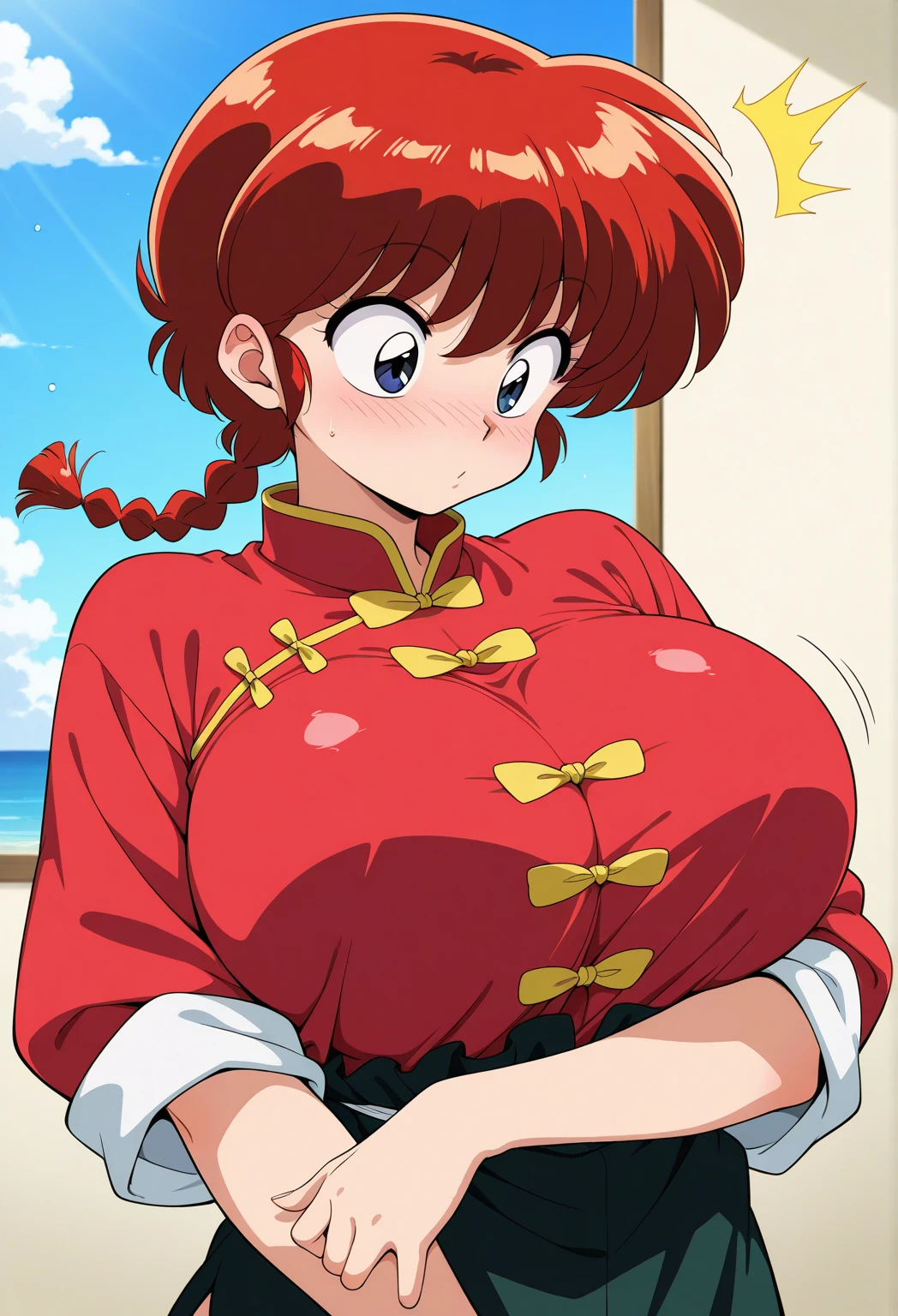 RanmaChan, Red hair, Braided hair, very big breasts, bouncing breasts, pose vulgar, big breasts, lumpy breasts, breast lump,
