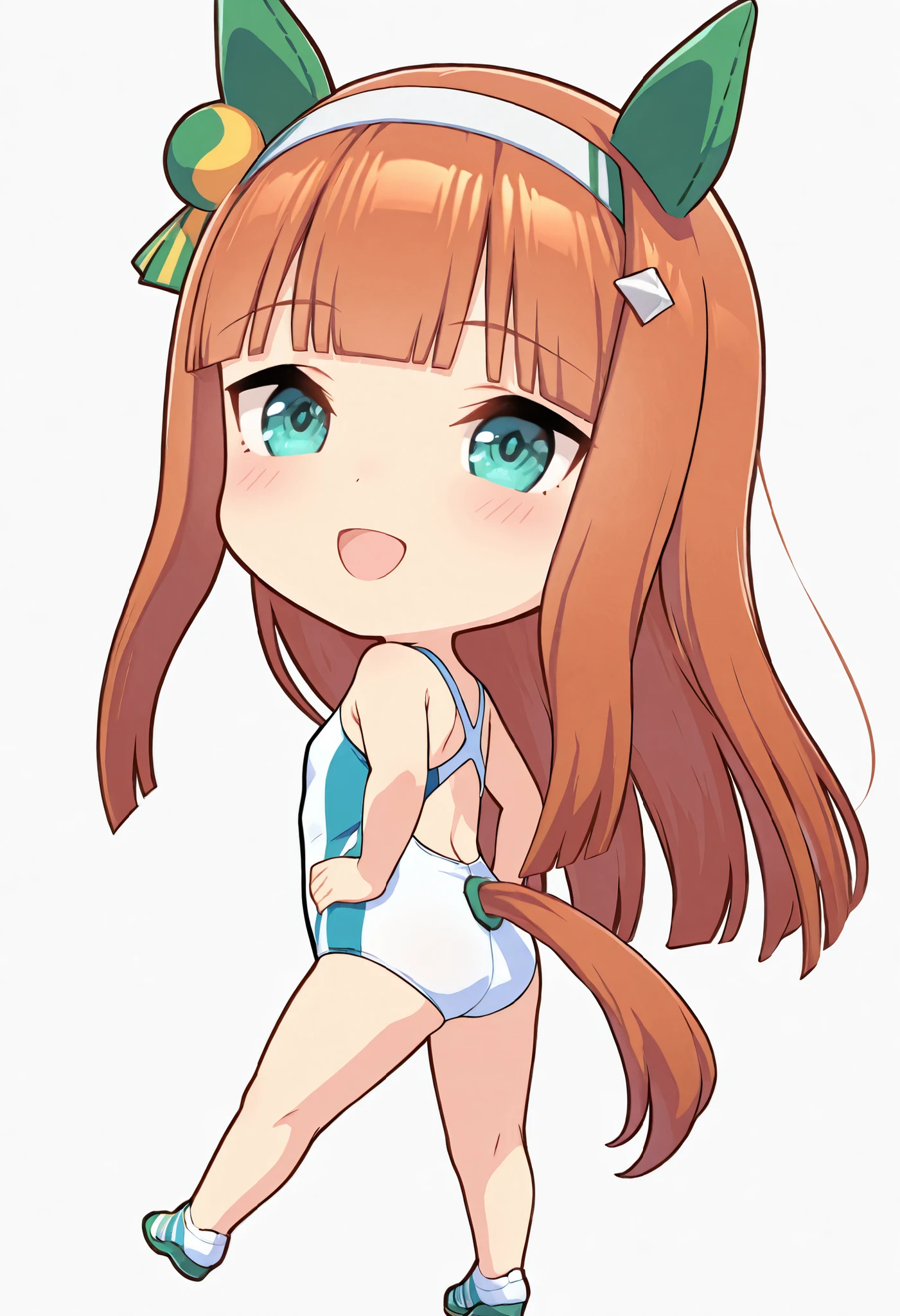 (((chibi))), (masterpiece, best quality, perfect face:1.4), wide angle, silence suzuka \(umamusume\), running figure, horse ears, ear cover, white headband, small breasts, horse tail, tail on the lower back, proportional body, proportional, (1 girl), beautiful hair, beautiful face, beautiful detailed eyes, BREAK, blush happy smile (open mouth), white background,