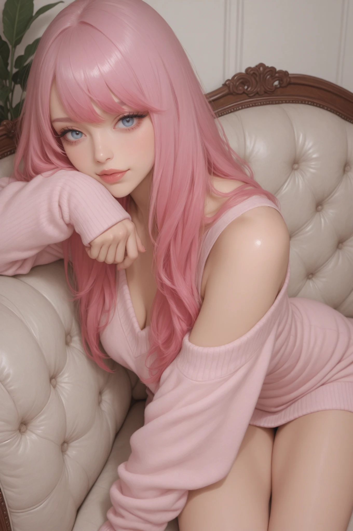20yo woman, (masterpiece: 1.4), (8K, reality, original photo, best quality: 1.4), Japan, (1 girl), beautiful face, (Real faces: 1.4), (pink hair, short hair: 1.3), hairstyle, Realistic blue eyes, beautiful details eyes, (reality skin: 1.3), beautiful skin, Attractive, ultra high resolution, Super realistic, HD, golden ratio, (Detailed face: 1.4), (Japanese actor: estuary), Sheer vest,Pink short hair,WhiteTransparent,White,NSFW,big,big ass emphasized,The nipple areola is clearly shaped,looking into camera,Sitting on the sofa,pubic shape is transparent and clear,posture(Bend your knees and legs open)