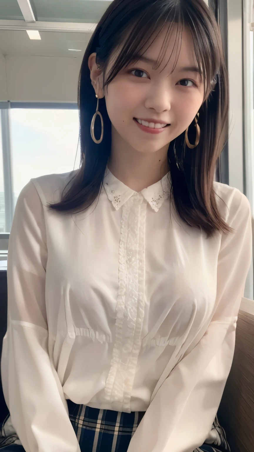 1 Japanese beauty , depth off field, first-person view, f/1.8, 135mm, Nikon, ultra high definition, retina, masterpiece, accurate, anatomically correct, textured skin,Very white skin、 clear skin 、 Super Detail, high detail, high quality, Best Quality, high definition, 1080P, high definition, 8k, (big boob:1.4), Japanese beauty 1 person, (Big round eyes:1.4).(she has heterochromia, and her eyes are different colors, which makes her incredibly captivating)、(Drunken Blush Makeup)、round face、She is smiling very happily、INSANELY BEST SMILE、is smiling with her mouth open、Her front teeth are neatly arranged、cute little vampire fangs、(Braided Top Knot,twisted side part ponytail、Braided Headband,half up、Braided Space Bang,voluminous fishtail braid,Twisty Bang)、(She is wearing a cotton collared blouse(vivid magenta))、break、(She's wearing a see-through lace panties)、She is in an IT firm's office at sunset、break,She is sitting in a window seat、I can see a skyscraper city out the window