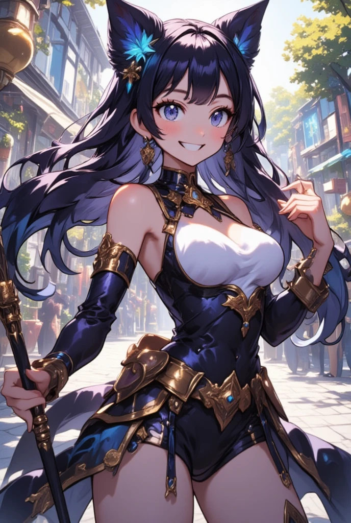 anime character dressed in white and blue standing in a courtyard, ayaka genshin impact, from the genshin impact videogame, ayaka game genshin impact, genshin impact character, azur lane style, genshin impact style, holding a pudica pose, from bravely default ii, genshin, granblue fantasy, spellcasting pose, video game genshin impact