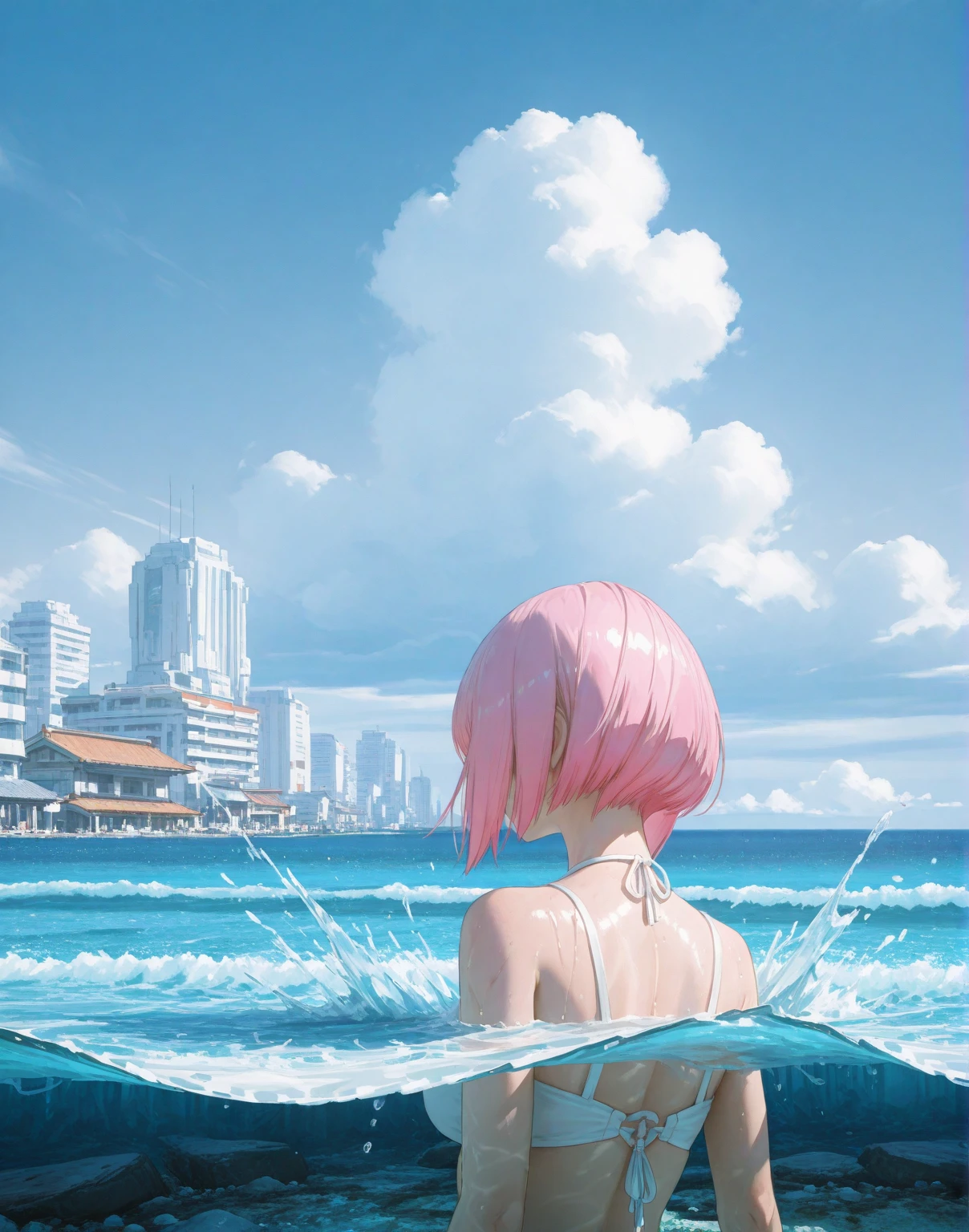 (masterpiece:2.0), (highest quality:2.0), (swim naked on the beach:1.5), (super sexy pose:1.5), (look up from below:1.5), (fully exposed shoulders:1.5), (fully exposed nape:1.5), (face turns red:1.5), (cover one&#39;s chest with one&#39;s hands:1.5), (spill :1.5), (realistic:1.5), 1 very pretty girl, precise small needle, You look embarrassed when you look at me, light smile, innocent face, young face, clear eyes, shining eyes, small breasts, I can see the side boob, I can see your shoulders, I can see the cleavage, no pubic hair, dynamic posing, beautiful skin, Super fine, highest resolution, Japanese high school student, pink hair