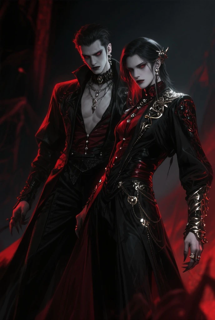 Create two vampires who have just woken up from their slumber,Intimidating vampire full body shooting at low angles,One is a handsome and cold gentleman,Muscular male dam pierre,Vampire gentleman,whaite hair,Dressed in black, Man, Handsome face, Long jacket, Long dark hair, ((red color eyes)), Low angle, Highly detailed, Better face,The other is a noble and elegant vampire girl,glitchpunk girl,pale milky white porcelain skin, Vampires,Smooth translucent white skin, small thighs,Small waist,Small hips,cropped shoulders,Nice collarbone,ultra-realistic realism,big breasts exposed cleavage,The upper part of the body,,Wear a bikini,Tattooed with,red color eyes,goth style,Psychedelic surrealist art,Surrealist psychedelic design,dream art style,Illusion psychedelic art,Quality quantity, Skin texture, Intricate details, (Cinematic lighting), RAW photo, 8K,