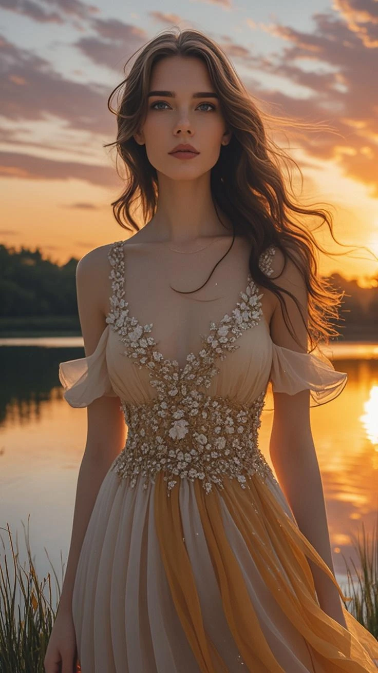 Make a princess with a pastel yellow dress with delicate baby pink.