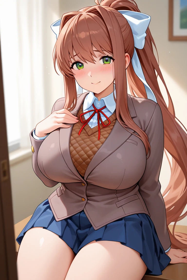 ((anime moe artstyle)),((Masterpiece)), (Best Quality), (Super Detail), Illustration, (((Very Delicate and Beautiful))) 8k, high definition,Monika, Monika DDLC, bangs, adult, 30 years old, (gigantic breasts), very long hair, smile, long hair, neck ribbon, looking at viewer, ponytail, shirt, secretary uniform, cleavage, hair bow, white bow, pleated skirt, brown hair, grey jacket, sidelocks, solo, blush, blue skirt, skirt, 1girl, breasts, blazer, green eyes, looking at viewer, bending over camera