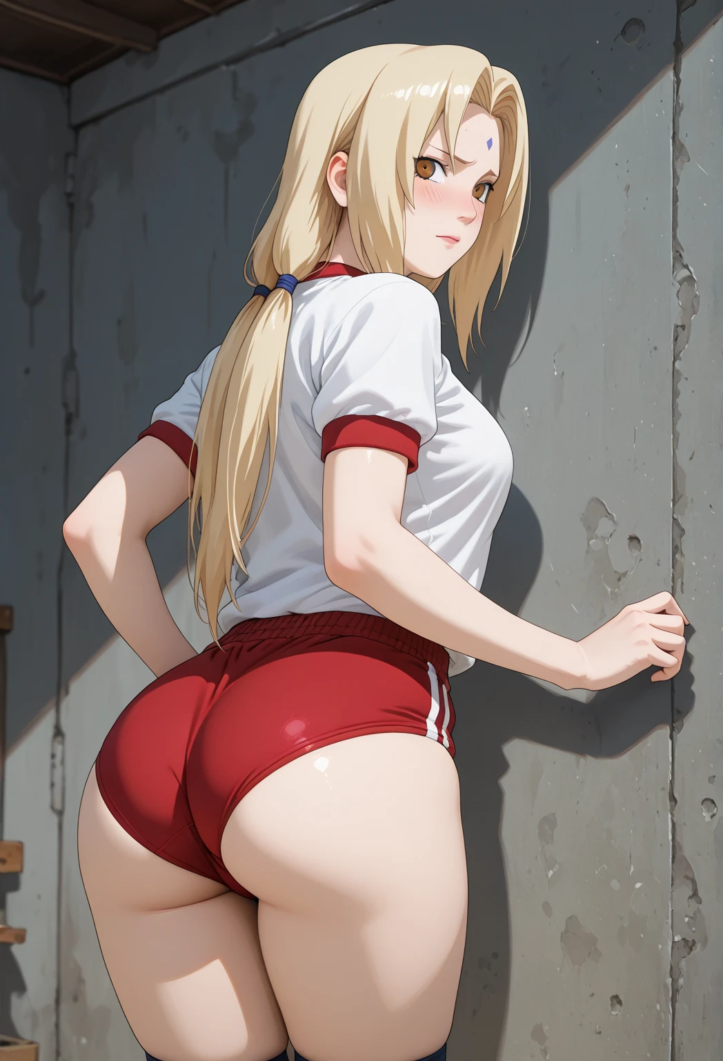 close up ass,from below,((blond)),(twintail),School Playground,((red buruma)),red panties,(white gym uniform:1.2),1girls, ass , from behind, smile,(masterpiece, high quality:1.2) , (cute young)