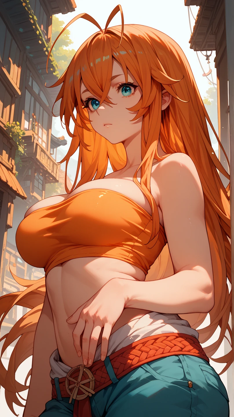 1girl, minimalism, Nami, tattoo right arm, huge breast, orange hair, Eiichirō Oda, simple, vector, sexy body, City from background,))