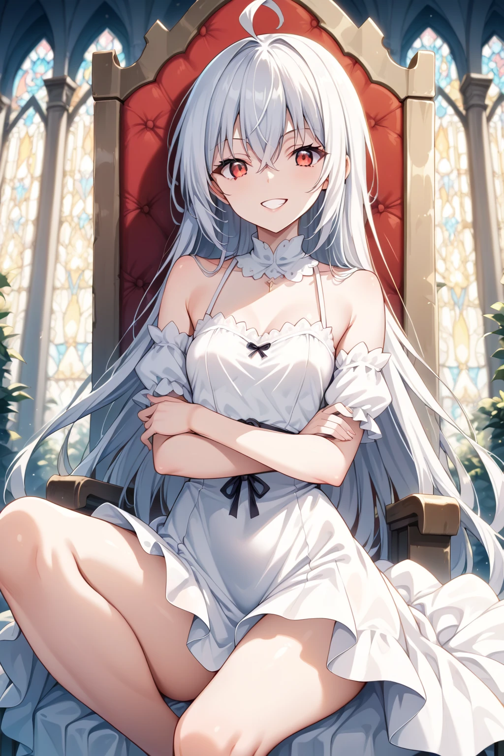 NSFW,Kazuki Kazami、Silver Hair、Long Hair、Red Eye、(Quality long dresses:1.5),(Perfect hands),(Perfect Anatomy),(masterpiece),(Highest quality),Embarrassed,blush