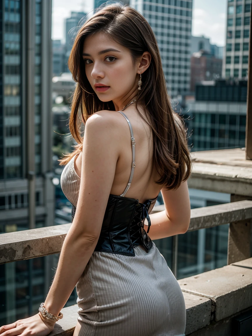 ((best quality, 8K, masterpiece :1.3)), (Clear focus :1.2, Beautiful Women in Perfect Shape :1.4, Slim abdominal muscles :1.2), ((Large Breasts, Emphasize cleavage:1.3)), (PhotoPractical:1.4), (Practical:1.4), (Long hair hairstyle, Light brown hair:1.5), Highly detailed face and skin textures, Fine particles, Double eyelids. Makeup, A little lipstick, Sexy, Sexy雕刻姿势, ((A beautiful woman in a black evening dress、Shot on the back,City skyscrapers in the background。She wore a simple bracelet on her wrist.。:1.3),Breasts visible from the side