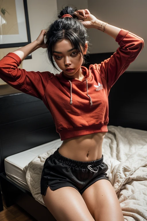 masterpiece, masterpiece, best quality, best quality, real, unity, 8k wallpaper, official art, highly detailed cg unity 8k wallpaper, ulzzang-6500, one girl, cute, professional lighting, ((long black spandex shorts: 1.37)), t-shirt, twisting clothes, ((undressing , open clothes2.0)), (sleepy:1.1), blush, shoulder long hair, disheveled hair, (original: 1.2), (real: 1.4), ultra detailed, high resolution, ultra detail,fantastic, fine detail, cinematic lighting, simple costumes, detailed clothing texture, bed, ((sleeping on your back)), projected from above. (8k, RAW photo, highest quality, masterpiece: 1.27), (realistic, photorealistic: 1.37), physically based rendering, handsome, masterpiece, highest quality, high resolution,
