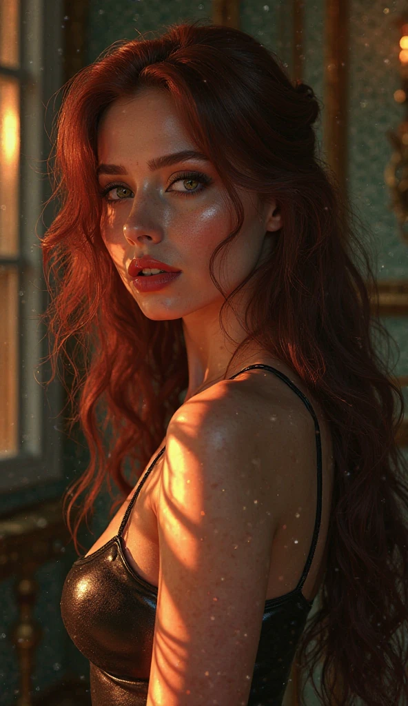 ((masterpiece, high quality, High resolution:1.4), (standing:1.2), (Whole body), wine red hair, eyes the color of honey, elegant clothes, very detailed skin, skin pores, (Very detailed face:1.2), (very detailed eyes:1.2), realist pupils:1.2, full face blush, full lips, (perfect anatomy:1.1), (perfect proportions:1.1), (Photography:1.1), (photorealist:1.1), volumetric lighting, dynamic lighting, real shadows, (High resolution:1.1), sharp focus, (realist, hyperrealist:1.4), Intricate, High detail, dramatic, subsurface dispersion, great depth of field, vivid, pulido, sharp, ((completamente sharp)), (extremely absurd),16k hdr, 2, elegant bearing, mesmerizing beauty, serious face