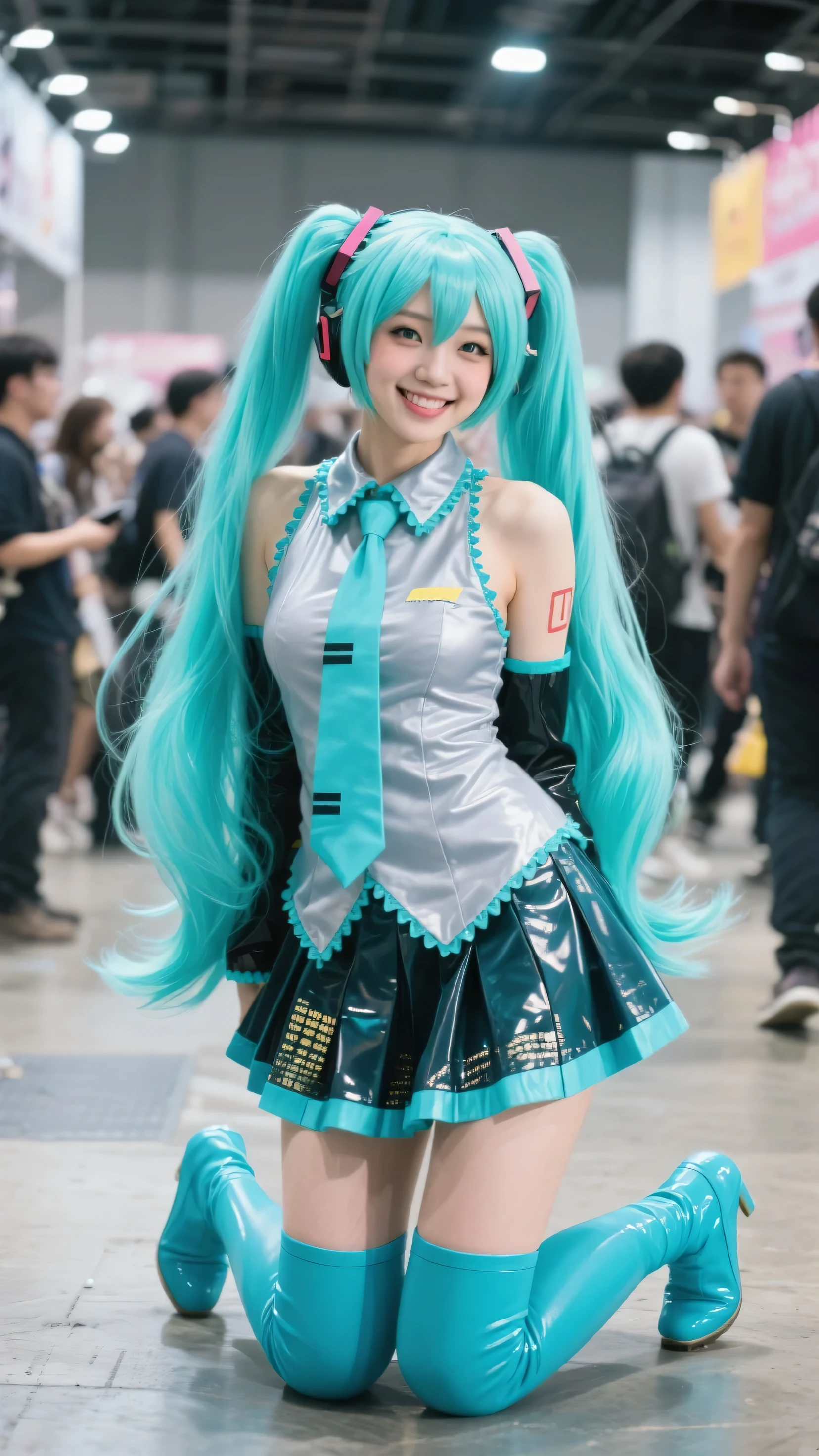  Beauty Idol, Cosplayer, (コミコン会場でCosplay photography , people around, Photo shoot), Hatsune Miku, turquoise color long twin tails, turquoise color idol dress, micro miniskirt,  blue long boots ,  petite body, Slender Body, Curvy with Lustful Breasts, Cosplay photography , pop smile, stand on my knees,  posing, Super Detail, intricate detail, (Highest Quality, 4K, 8K, Hi-Res, masterpiece:1.2).