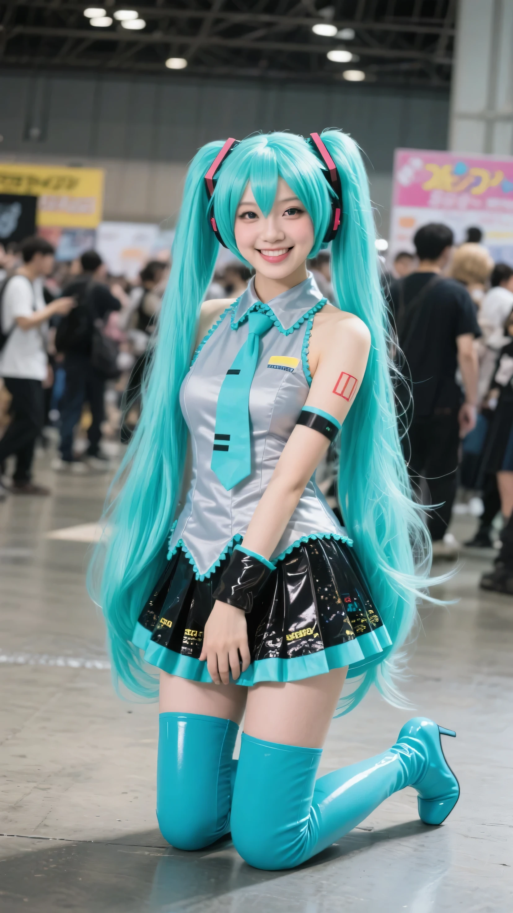  Beauty Idol, Cosplayer, (コミコン会場でCosplay photography , people around, Photo shoot), Hatsune Miku, turquoise color long twin tails, turquoise color idol dress, micro miniskirt,  blue long boots ,  petite body, Slender Body, Curvy with Lustful Breasts, Cosplay photography , pop smile, stand on my knees,  posing, Super Detail, intricate detail, (Highest Quality, 4K, 8K, Hi-Res, masterpiece:1.2).