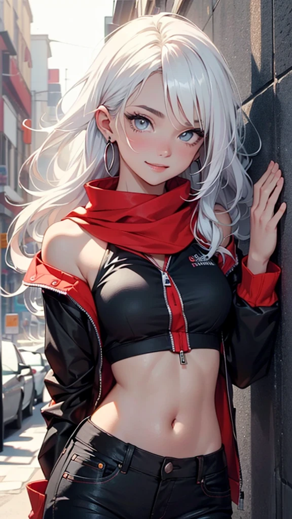 best quality, (masterpiece:1.2), detailed,
<lora:chara_EnjoKouhai_Ursula_v1:0.8>, ursula,
1girl, solo, blush, smile, closed mouth,
(dark skin:1.2), grey hair, long hair, red eyes, dragon horns, small breasts,
white crop top, bike shorts, black shorts, bare shoulders, off-shoulder jacket, black jacket,
standing, looking at the viewer,
street