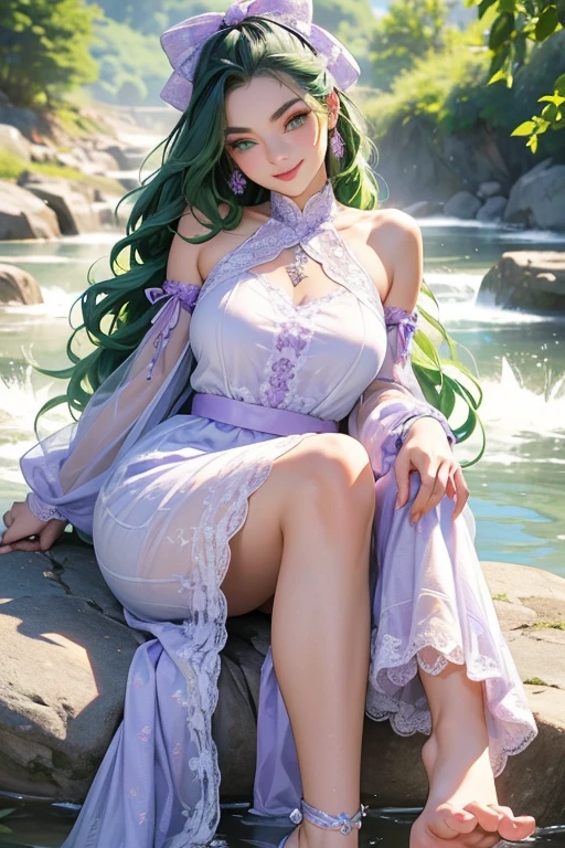Irish woman, anime, modest, beautiful, high quality, night, 8k, long waist length light pale purple hair, green eyes, red lips, eyelashes, 1209 century dress, elf ears, large fairy wings